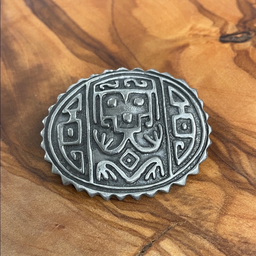 Vintage JJ Jonette Tribal Design Pewter Brooch Pin